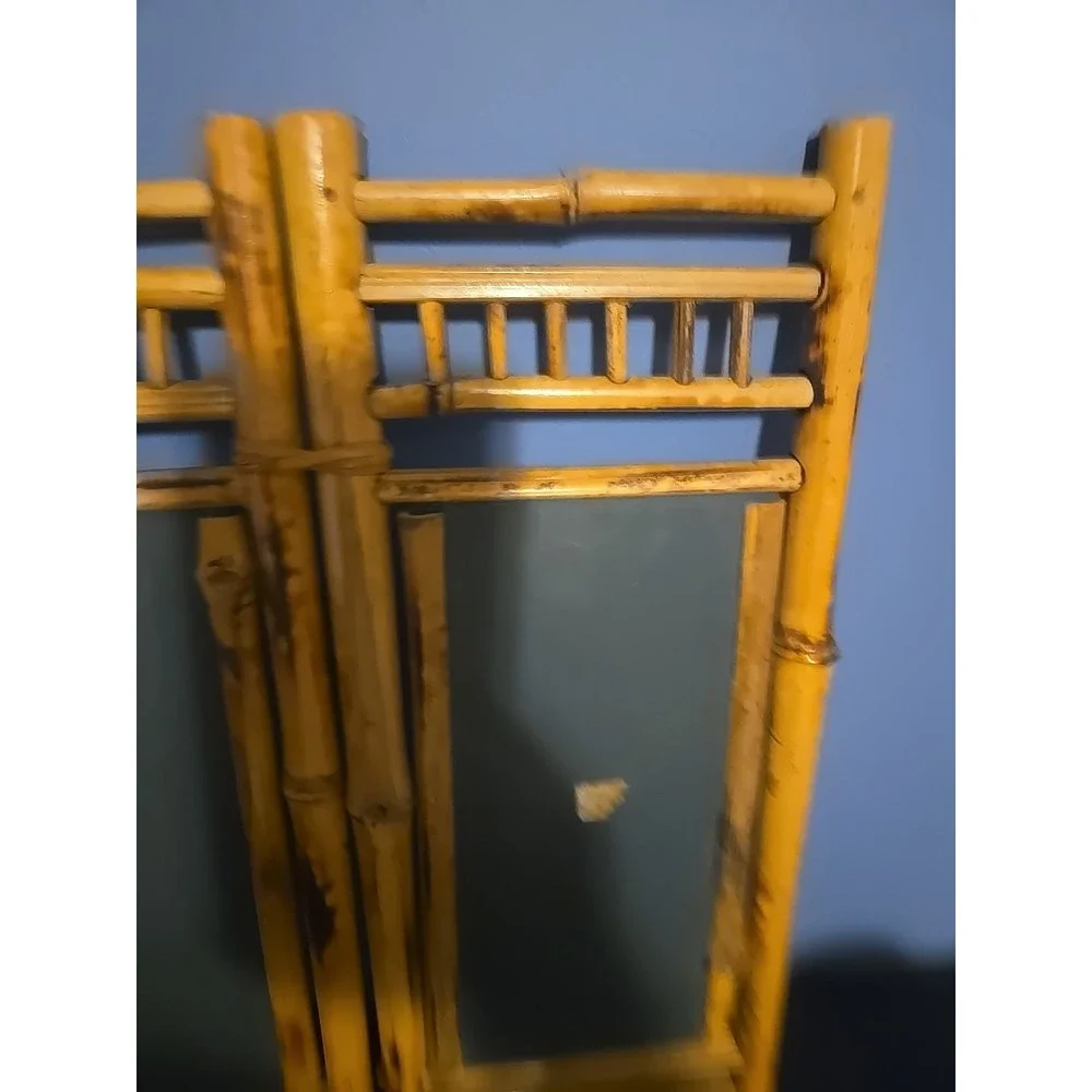 VTG Bamboo Rattan‎ Tabletop Vanity Mirror Folding 2 Sides Jewelry Holder Boho
